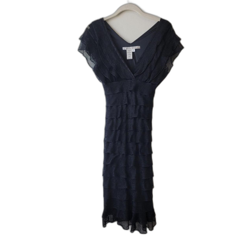 Max Studio Black Mesh Mini Dress Ruffle Trim V Neck Size S